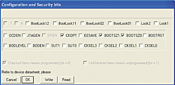 Fig. 3: Screenshot of configuration and security bits option
