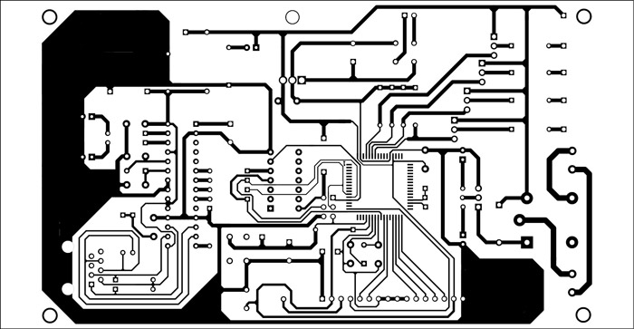 Fig. 5: An actual-size, single-side PCB for the Web-based water-level monitor and pump controller