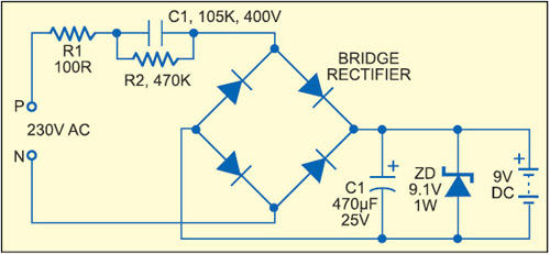 Fig. 5: Capacitive power supply with full-wave rectification