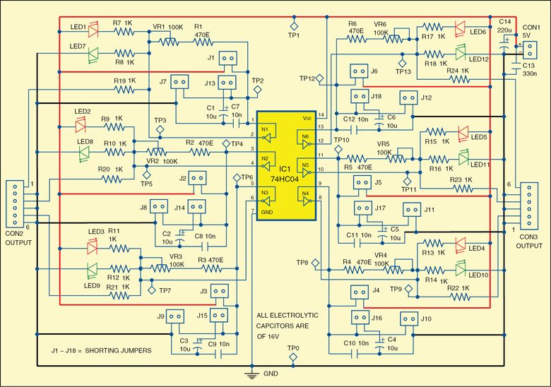 Fig. 1: Circuit diagram of the simple tester for 74xx04 and 74xx14 ICs