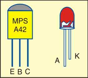 Fig. 2: Pin configurations of MPSA42 and LED