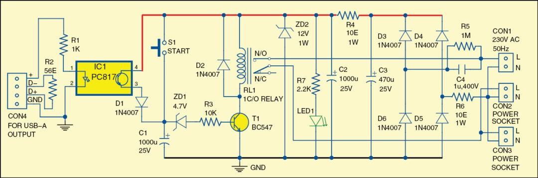 Fig. 1: Circuit diagram of the automatic USB controlled power switch