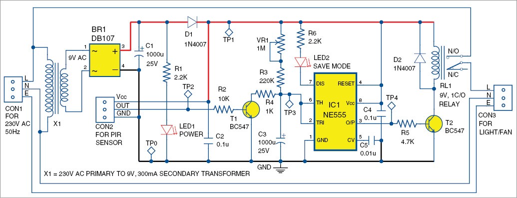 Fig. 2: Circuit diagram of the PIR sensor based power saver