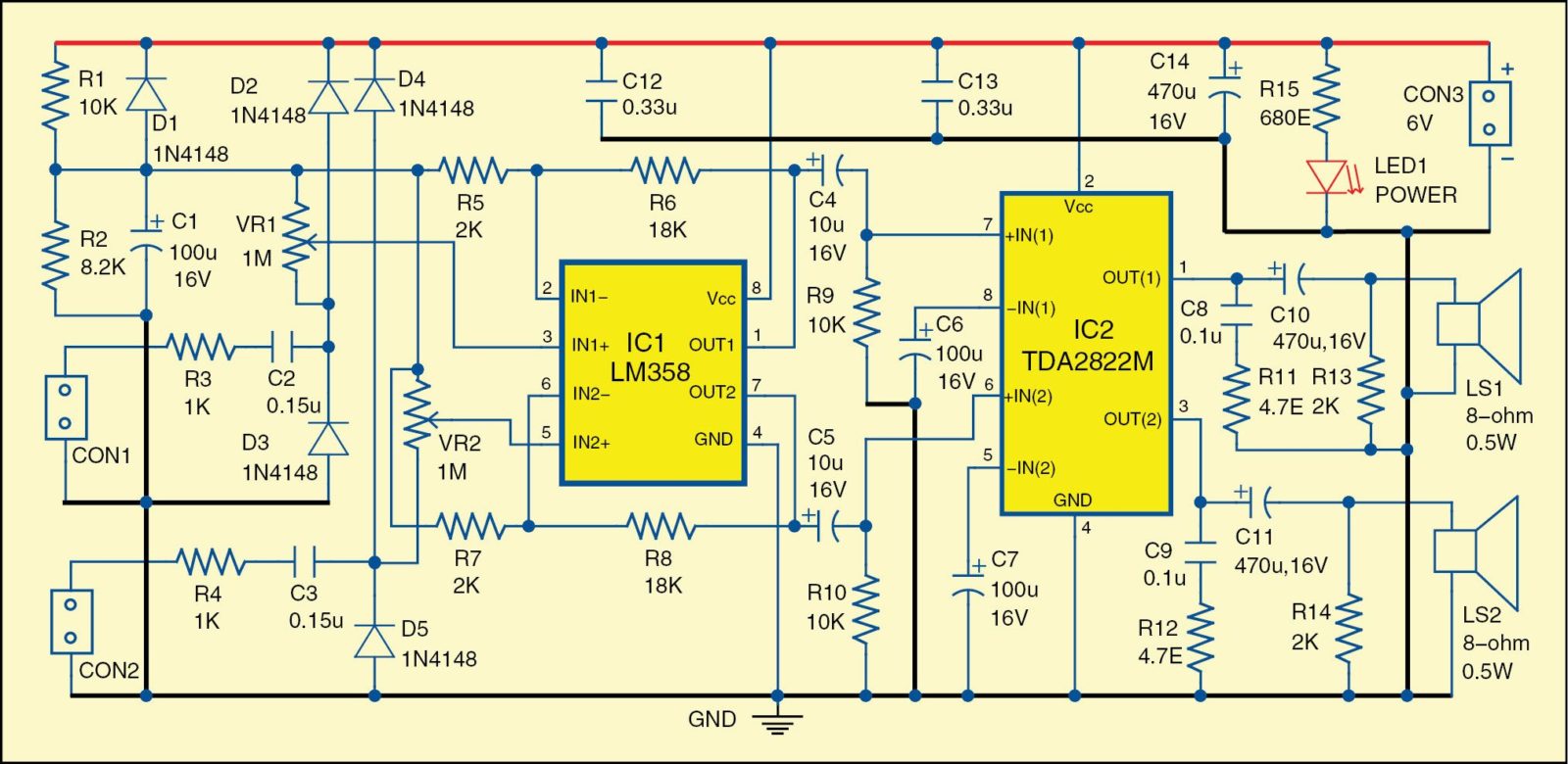 Fig. 1: Circuit diagram of the dual audio signal tracer