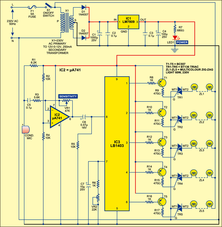 Fig. 1: Circuit diagram of musical light chaser