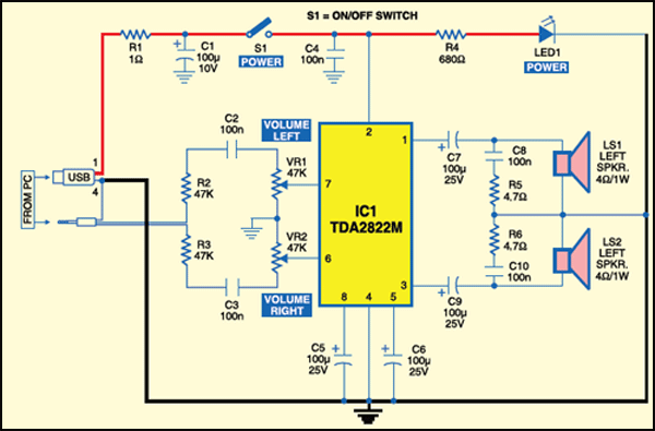 Fig. 1: Circuit for a PC multimedia speaker