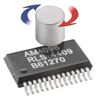 Fig. 2: AM4096 magnetic encoder chip from Renishaw. All of the sensor and processing electronics have been placed within the compact silicon design. The rotation of a simple north/south magnet is picked up by the AM4096’s sensor and provides absolute positional information output to an accuracy of better than 0.1 degree