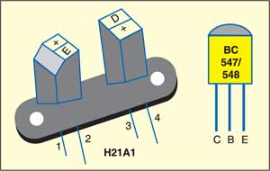 Fig. 2: Pin configurations of sensor H21A1and transistor BC547/548