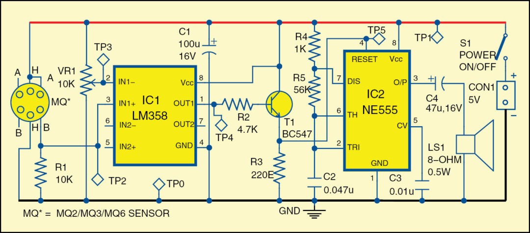 Fig. 1: Circuit diagram of the detection alarm circuit