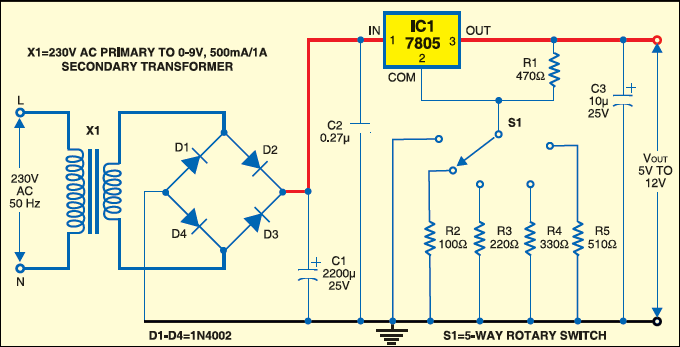 Fig. 3: Circuit of variable power supply using a 5V regulator
