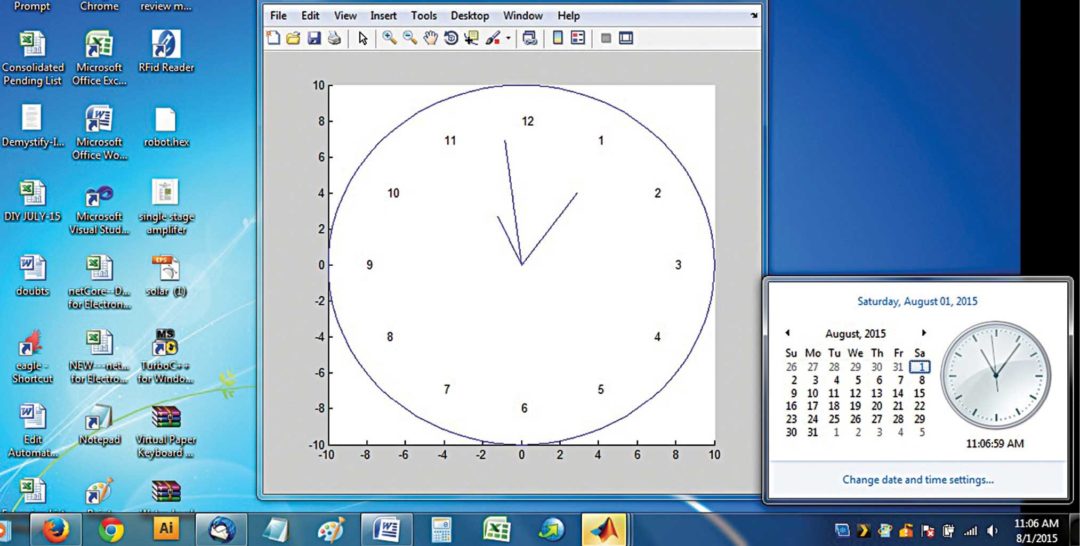 Analogue clock using MATLAB: Screenshot of the program output