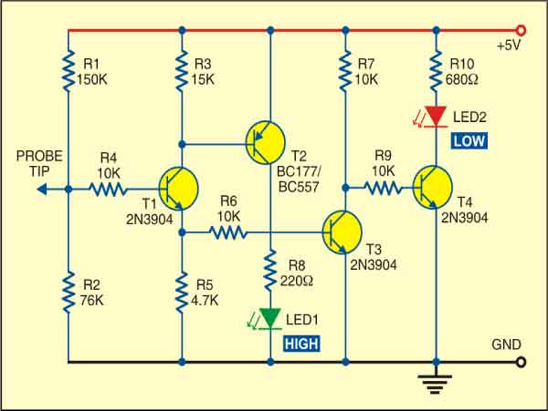 Fig. 1: Circuit of transistorised logic probe