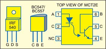 Fig. 2: Pin configurations of MOSFET IRF540,transistors BC547/BC557 and MCT2E