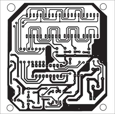 Fig. 9: Actual-size, single-side combined PCB layout for infrared interruption counter, power supply and beeper