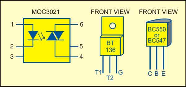 Fig. 2: Pin configurations of MOC3021, BT136 and BC550/547