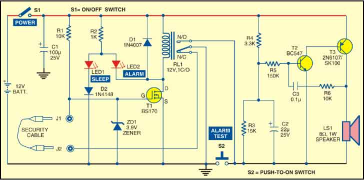 Fig. 1: Circuit for pull-pin security alarm