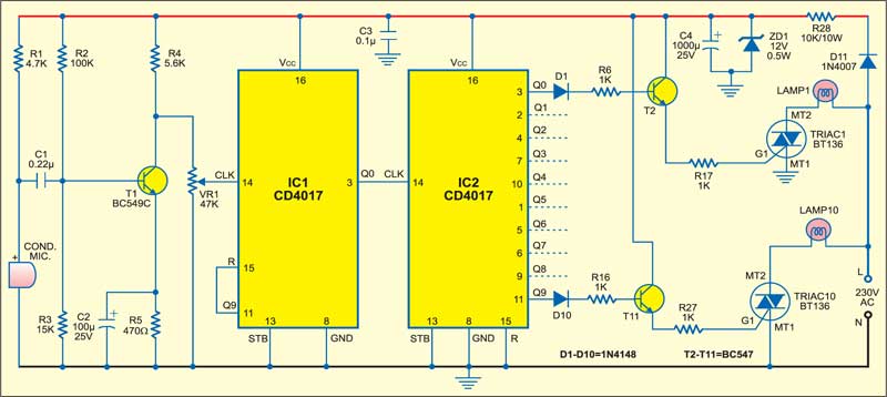 Fig. 1: Circuit for audio controlled running light