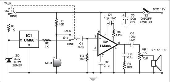 Fig. 1: Circuit for two-way intercom with musical ringtone