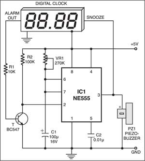 Fig. 2: Auto-snooze circuit for digital alarm clock without snooze facility