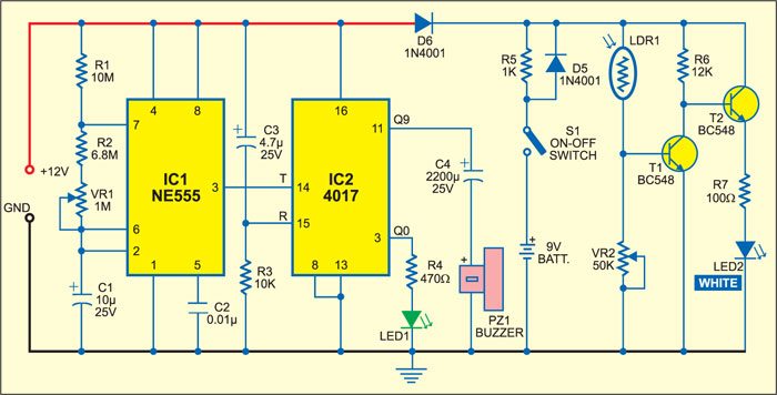 Fig. 1: Circuit of power-on reminder with LED lamp