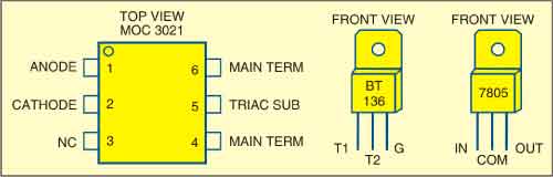 Fig. 2: Pin configurations of moc3021, Bt136 and 5v regulator 7805