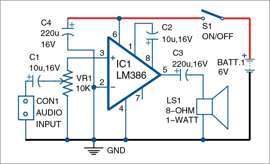 Circuit diagram of the LM386 based audio amplifier