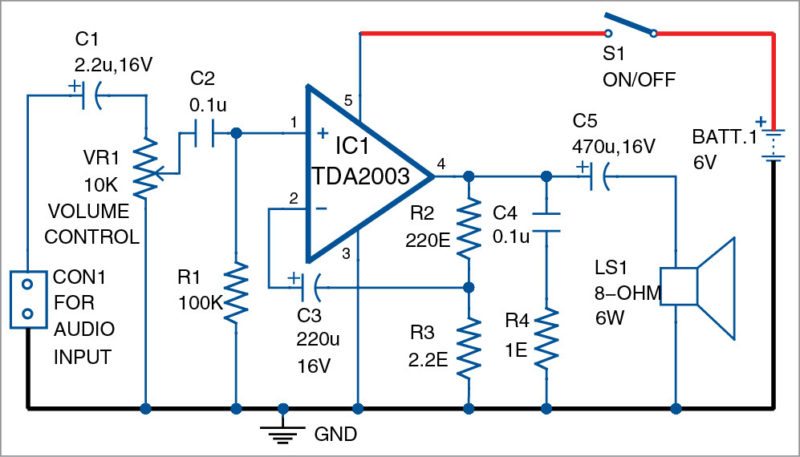  Circuit diagram of 3W to 6W audio amplifier using TDA2003