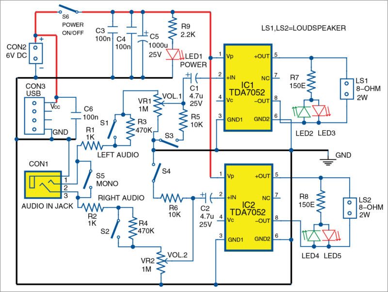 Circuit diagram of the stereo amplifier for portable devices