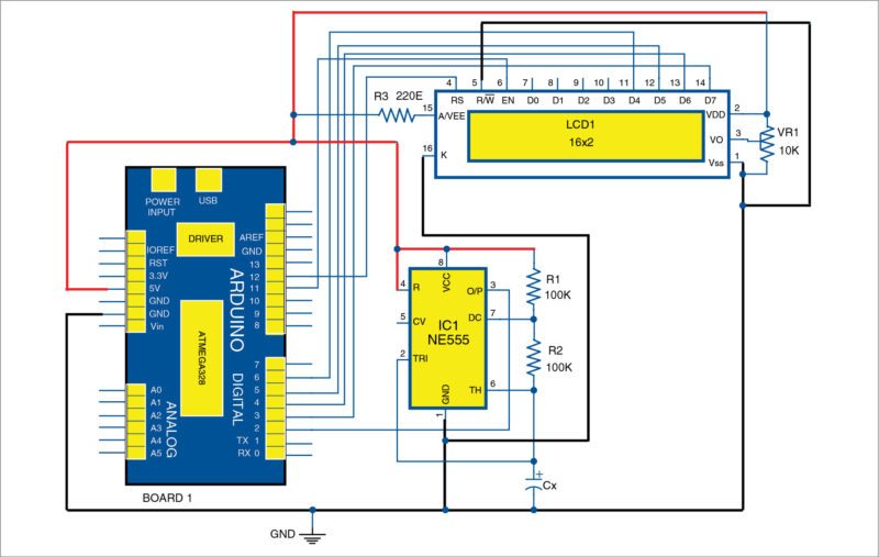 Circuit diagram of Arduino based digital capacitance meter with NE555 timer in astable mode