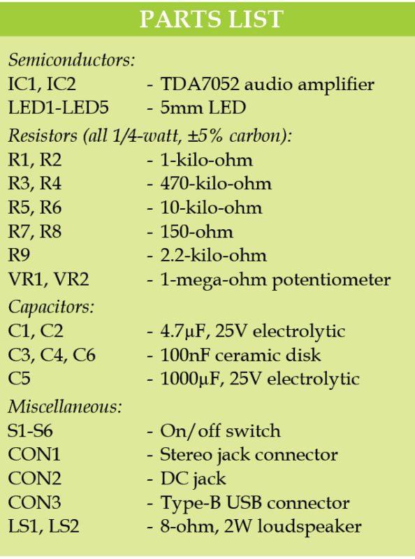 Part list for Stereo Amplifier Using TDA7052 ICs For Portable Devices