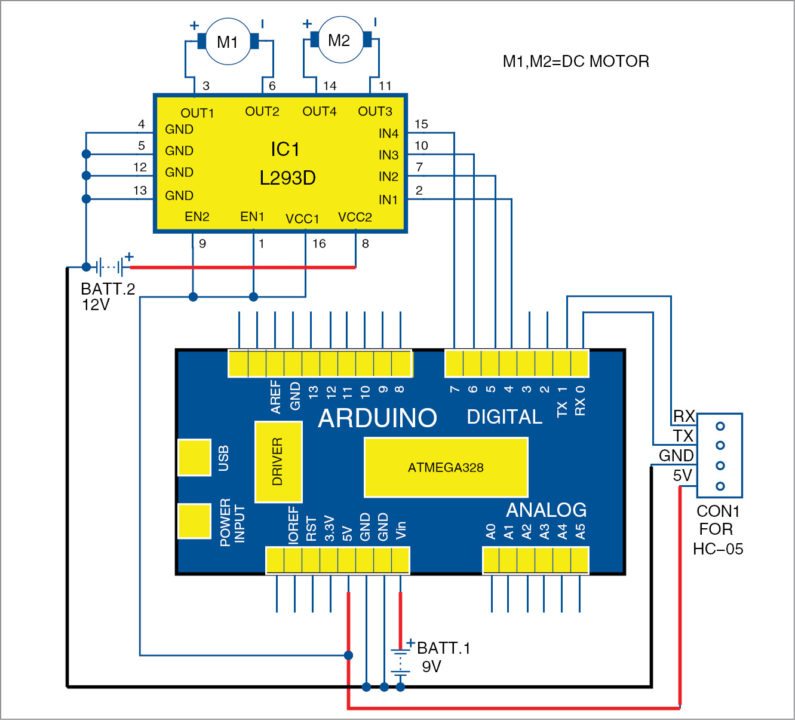  Circuit diagram of Arduino-based smartphone-controlled car