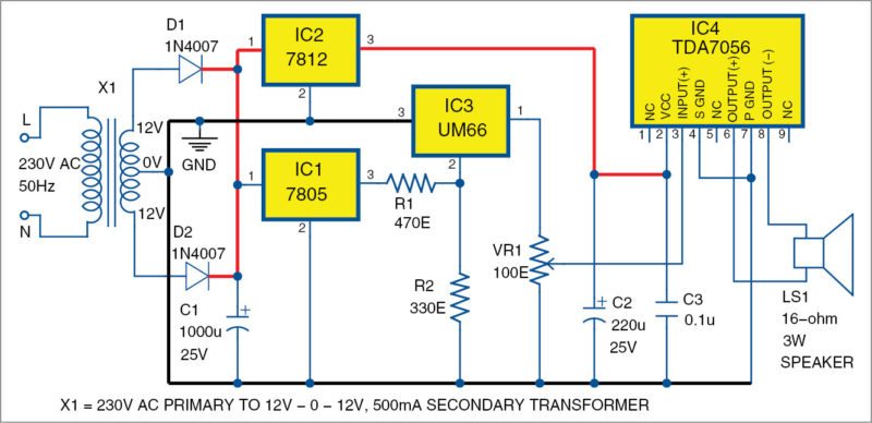 Circuit of 3W audio amplifier using TDA7056