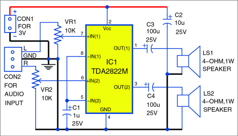 Circuit of the stereo audio amplifier using TDA2822M