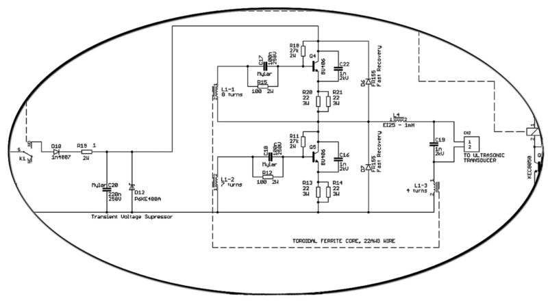 Partial schematic of an ultrasonic cleaner with a clear view of transponder driver circuitry