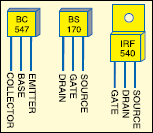 Fig2: Pin configurations of BC547, BS170 and IRF540