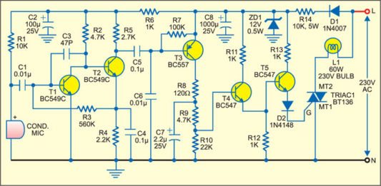 Sound Operated Lamp Switch | Detailed Circuit Diagram Available