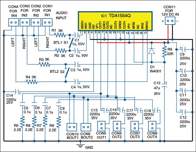 Fig. 1: Circuit of the 4-channel multi-mode audio amplifier