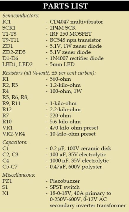 Inverter Circuit Components List
