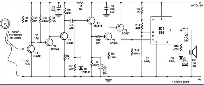 Fig. 1: The circuit of knock alarm