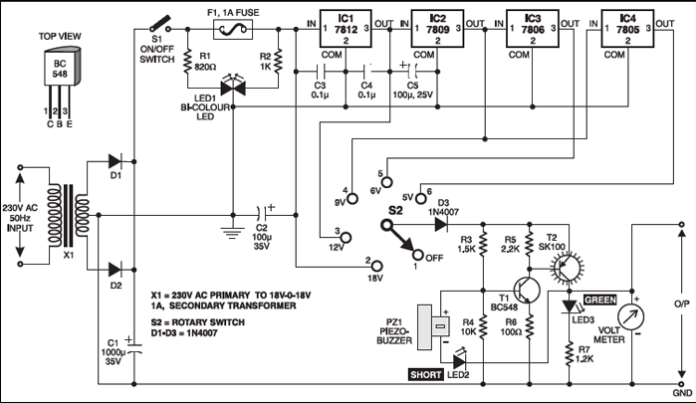 Stabilised Power Supply with Short-Circuit Indication