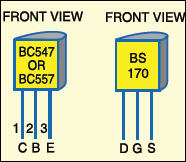 Fig. 2: Pin configurations of bc547/557 and bS170 