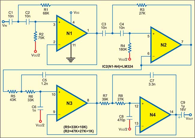 Fourth-order bandpass speech filter for 300 Hz to 3400 Hz