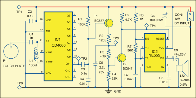 Fig. 1: Circuit of the touch alarm 