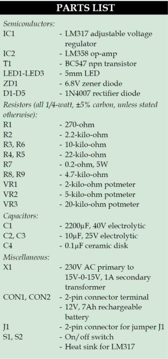 Part List for 12V Battery Charger circuit