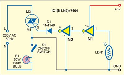 Fig. 1: Circuit of automatic darkness-controlled lighting system