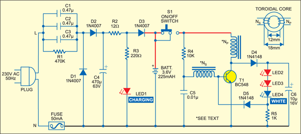 Fig. 1: Circuit diagram of LED based rechargeable torch