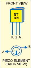 Fig. 2: Pin configuration of SCR1 BT169 and back view of the piezo element