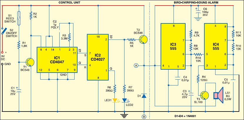 Fig. 1: Alarm circuit that generates bird chirping sound