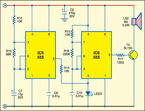 Fig. 2: Alarm circuit that generates police siren tone