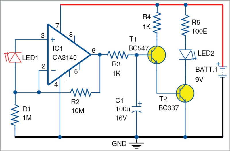 Circuit diagram of an LED as a light sensor